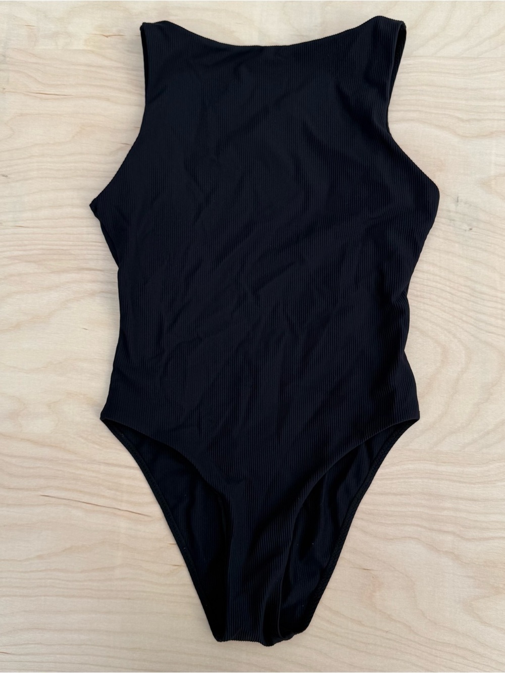 Berlook Black Ribbed One Piece Swimsuit Minimalist High Neck Bathing Suit M